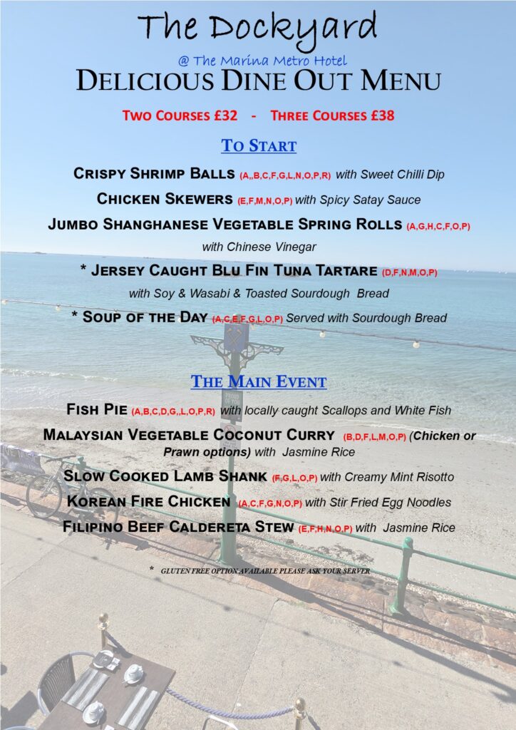Dockyard Restaurant Table d'Hote menu, two courses £32 or three courses £38, with starters including crispy shrimp balls and Jersey caught blue fin tuna tartare, and mains including fish pie, slow cooked lamb shank and Korean fire chicken