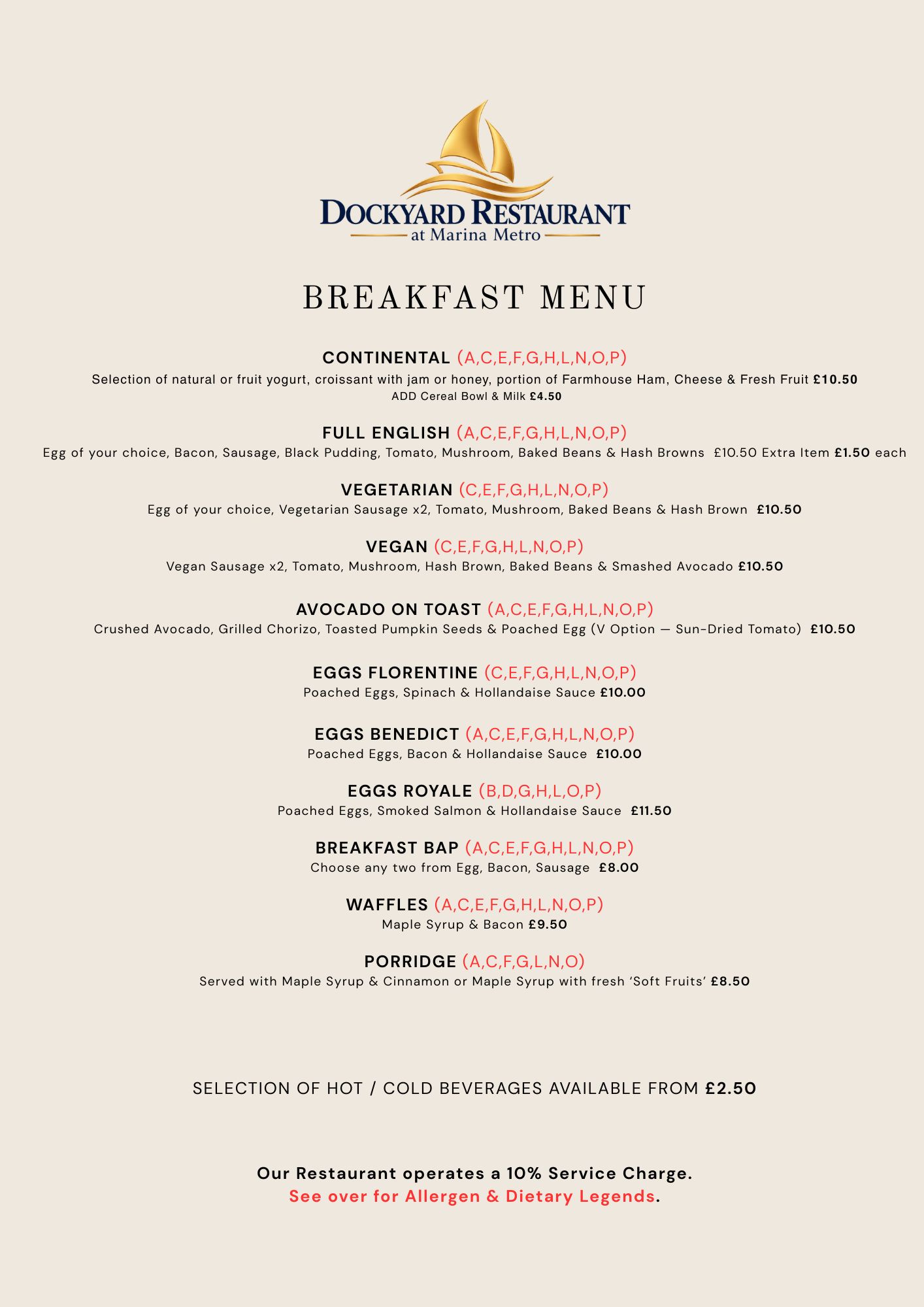 Dockyard Restaurant breakfast menu, served 8am to 11am, with continental, full English, vegetarian, vegan and eggs Benedict options