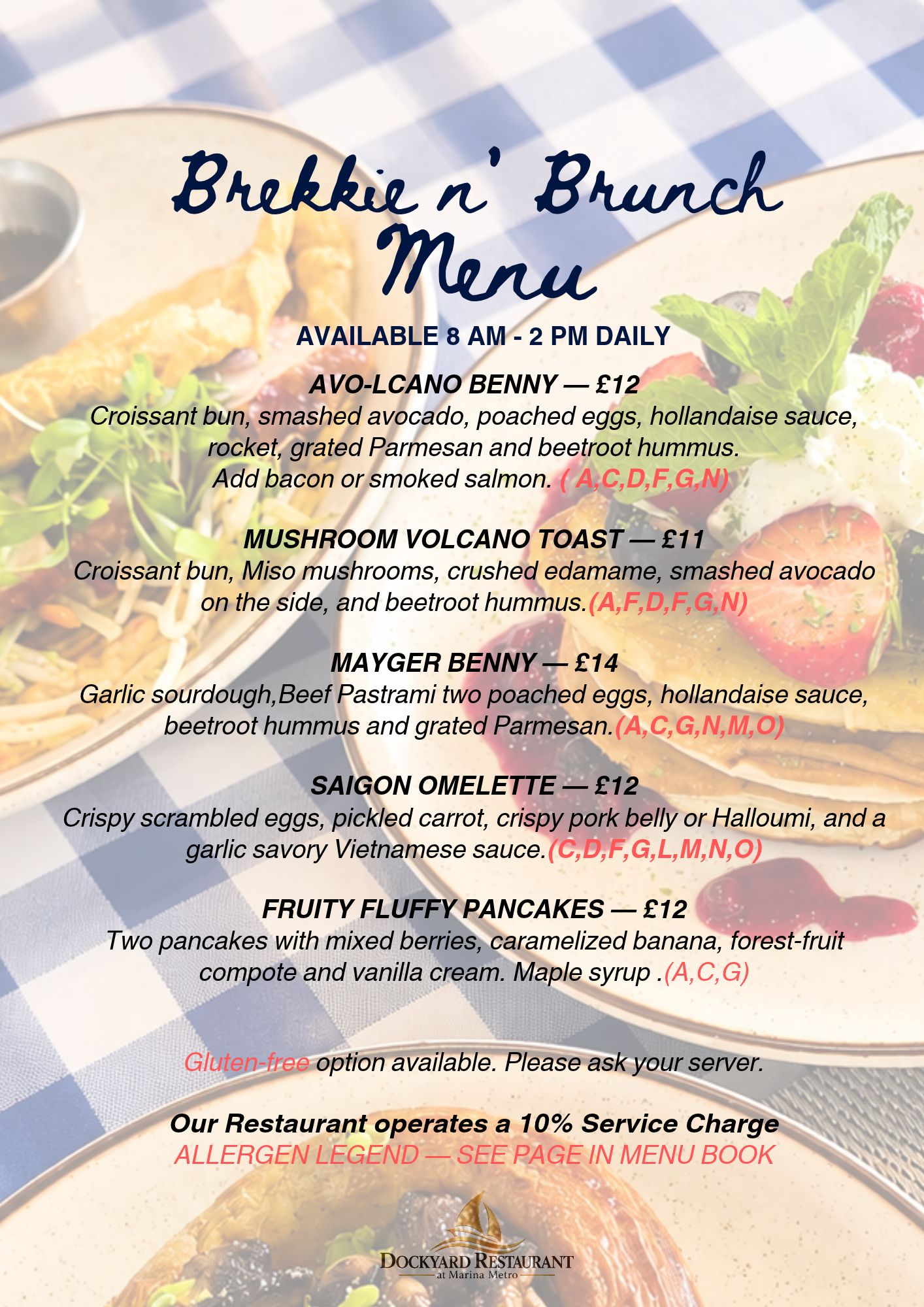 Dockyard Restaurant Brekkie n Brunch menu, available 8am to 2pm daily, with Benedicts, toasts, omelette and pancakes