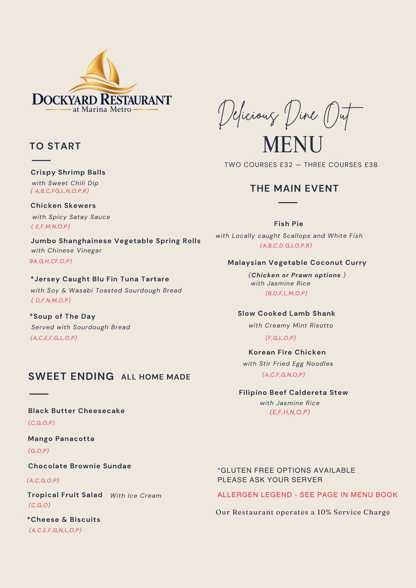 Dockyard Restaurant Delicious Dine Out dinner menu 2026, two or three courses with starters, mains and desserts