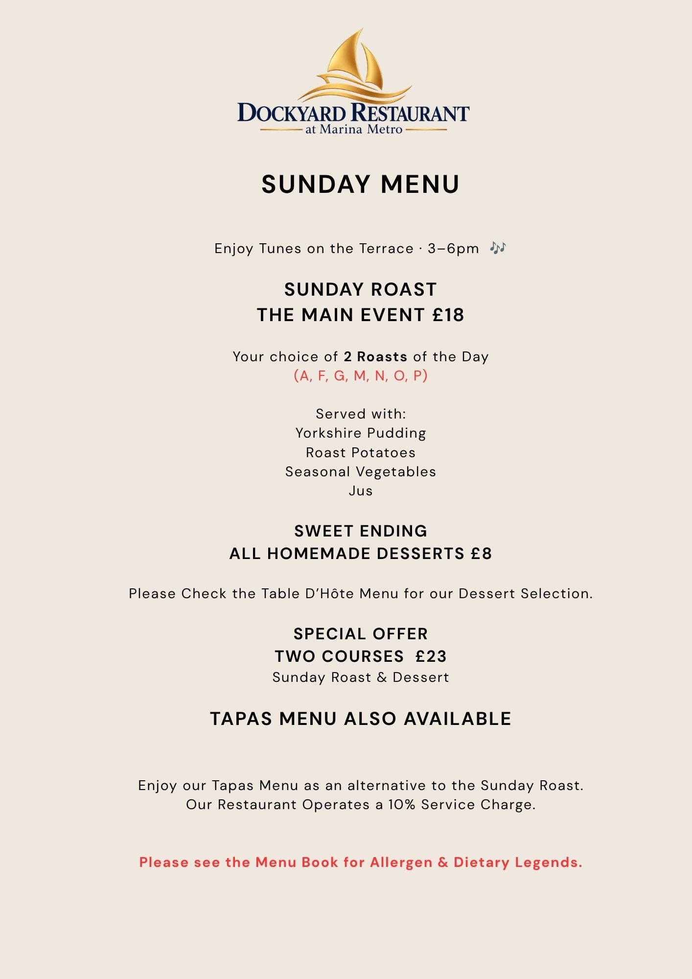 Dockyard Restaurant Sunday roast offer menu, served with Yorkshire pudding, roast potatoes and seasonal vegetables