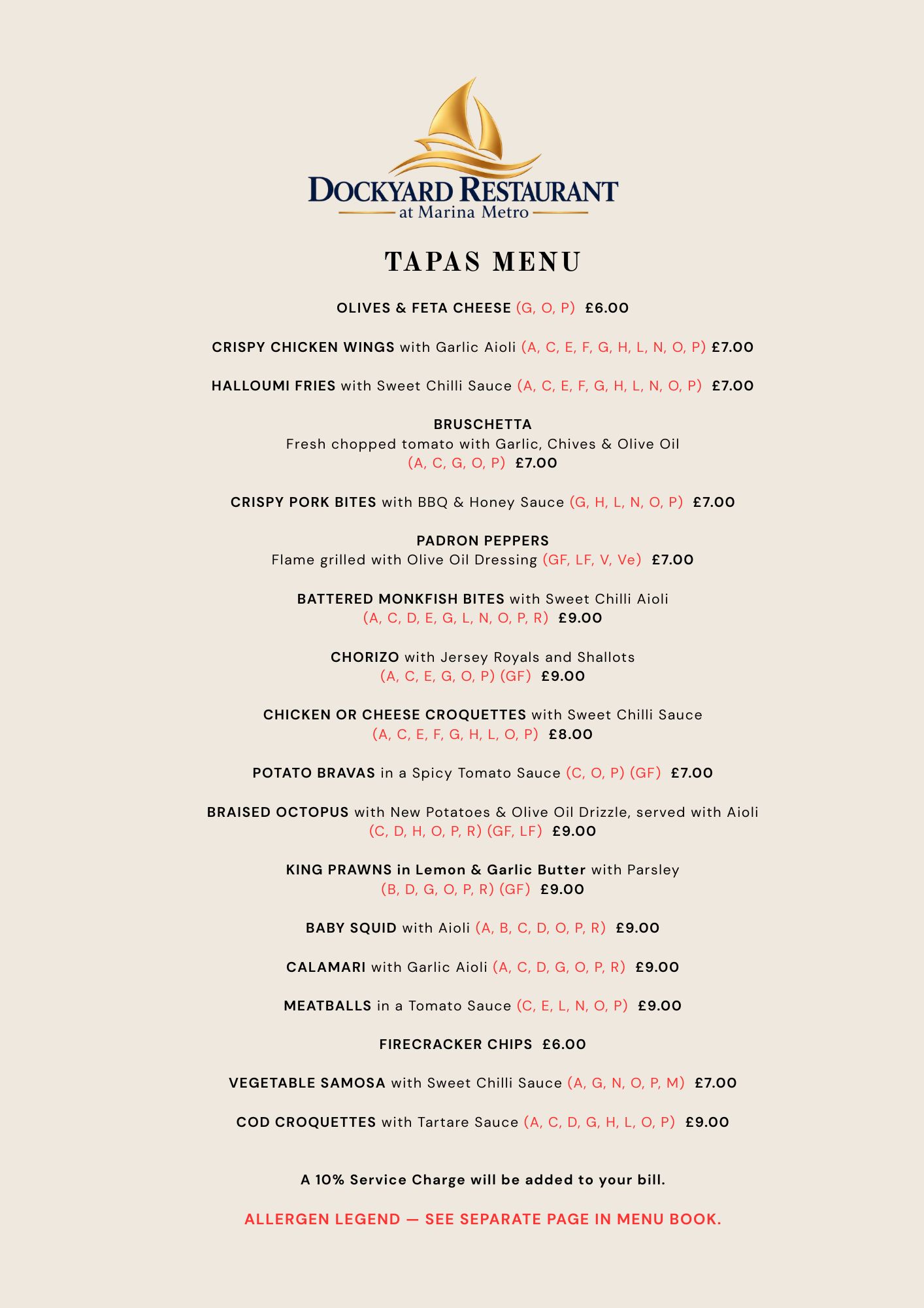Dockyard Restaurant tapas menu, with individual dishes, prices and allergen codes